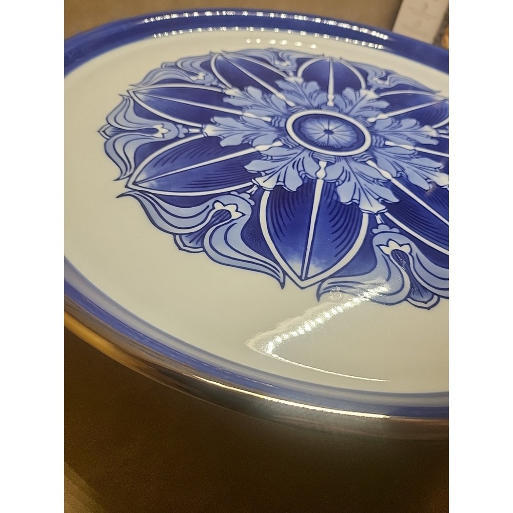 Bombay Cake Plate Heavy Ceramic Blue Silver White Floral 90's Serving Tray Decor - Picture 4 of 6